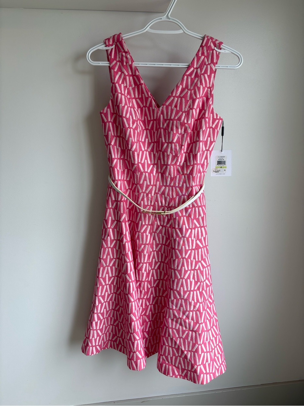 Calvin Klein | Pink V-Neck Fit-and-Flare Dress with Belt - Size 4
